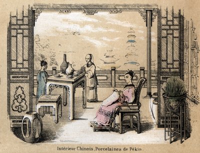 Az agyag gyártási és felhasználási szakaszainak leírása: kínai enteriőr pekini porcelánnal. "" Az agyag és termékei" tábla a "" Les Recreations instructives" -ban" Jules DELBRUCK szinoptikus festménye, metszet 1860-ból. Magángyűjtemények alkotó: French School