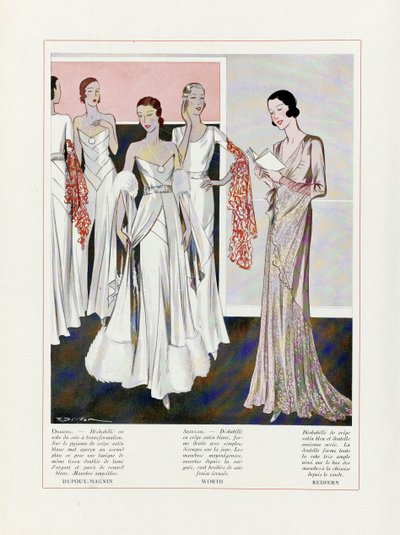 Design for Evening Dress by Depouy-Magnin, Worth és Redfern, pub. 1931-es színes litográfia. alkotó: French School