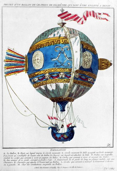 Tervezés egy 120 láb átmérőjű hőlégballonhoz Dijonban, 1784 körül (színes gravírozás) alkotó: French School