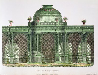 A párizsi Bureau de Moniteur des Menusiers számára közzétett, árkádos, rácsos galéria, központi kupolával alkotó: French School