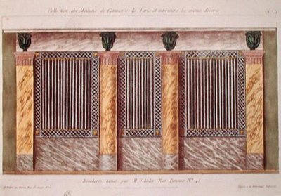 Egy hentesüzlet homlokzatának terve, Párizs legjobban díszített kereskedelmi épületeit ábrázoló sorozatból, 1810 körül (színes litó) alkotó: French School