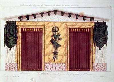 Egy hentesüzlet homlokzatának terve, Párizs legjobban díszített kereskedelmi épületeit ábrázoló sorozatból, 1810 körül (színes litó) alkotó: French School