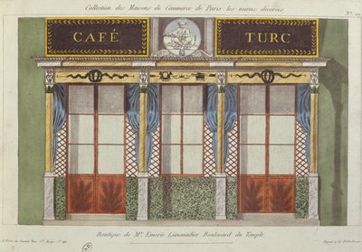 A Cafe Turc homlokzatának terve Párizs legjobban díszített kereskedelmi épületeit ábrázoló sorozatból, 1810 körül alkotó: French School