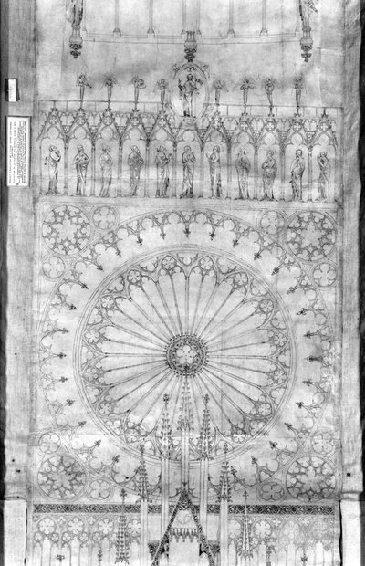 Tervezés a strasbourgi székesegyház homlokzatán lévő rózsaablakhoz és a királyok galériájához, 1380 körül (toll, tinta és gouache papíron) (lásd a 207685-ös részletet) alkotó: French School