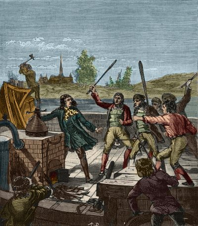 Papin gőzhajójának megsemmisülése - Denis Papin (1647-1712) nézi, ahogy 1707-ben a muendeni hajósok elpusztították lapátos gőzhajóját - Denis Papin (1647-1712) a Les Bateliers de Munden összetöri a gőzhajót - A gravírozás kéznél van mindenböl - alkotó: French School
