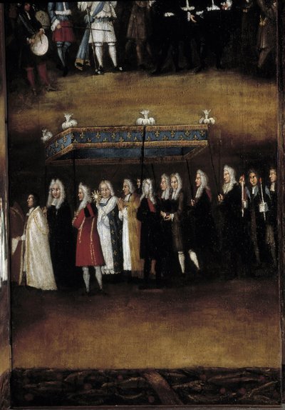 Részlet egy 18. századi képernyőről, amelyet a Fete God (vagy az Oltáriszentség ünnepe) számára használtak alkotó: French School