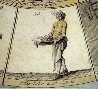 Részlet a Cree of Paris liba játékából: forró kis tésztakereskedő. 18. századi metszet. Coll. Indul. alkotó: French School
