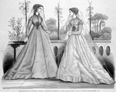 Két menyasszonyi vécé Madame Fladry-től - az 1867.09.29-i „”La Mode illustrée””-ben. alkotó: French School