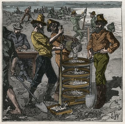 Gyémántmosás Dél-Afrikában a 19. században. Metszet 1885-ből Adolphe BITARD „” Les arts et metiers illustres” című könyvébe. alkotó: French School