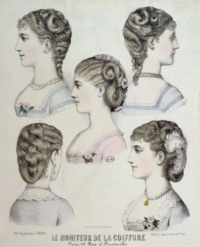 Különböző frizurák, tányér a Le Moniteur de la Coiffure-tól, 1880 alkotó: French School