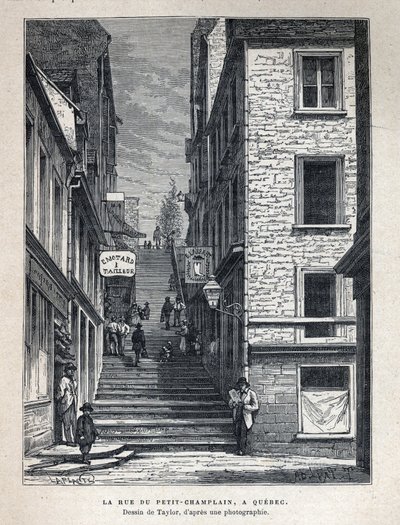 Fedezze fel Kanadát: Rue du Petit Champlain (Petit-Champlain) Quebecben. Taylor rajza fényképről. A 19. század végi metszete Eugene Guenin „La nouvelle France”-jában. alkotó: French School
