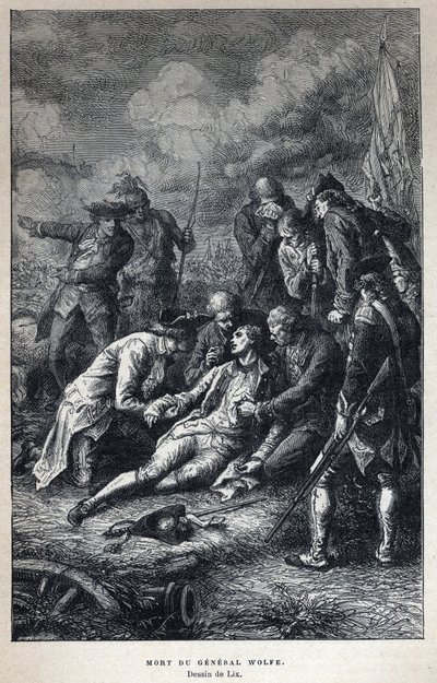 Felfedezték Kanadát: James Wolfe tábornok (1727-1759) brit katona halálát a quebeci csatában szeptember 13-án alkotó: French School