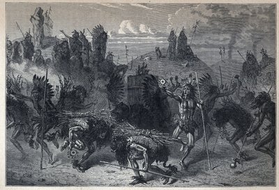 Felfedezte Kanadát: a bölények tánca a Mondanesben. A 19. század végi metszete Eugene Guenin „La nouvelle France”-jában. alkotó: French School