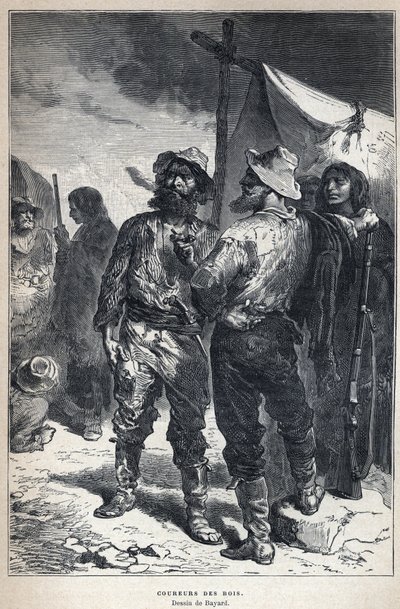 Kanadából fedezték fel: coureur des bois (az amerikaiakkal folytatott szőrmekereskedelemben vesz részt). Bayard rajz. A 19. század végi metszete Eugene Guenin „La nouvelle France”-jában. alkotó: French School