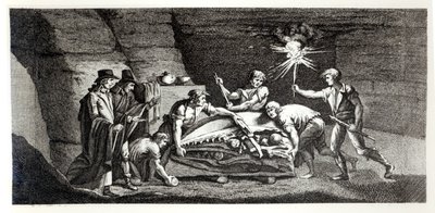 Egy őskori állat csontjainak felfedezése, illusztrációja a Histoire naturelle de la Montagne Saint-Pierre de Maastrichtból, Barthelemy Faujas de Saint Fond (1743-1819) 1799 alkotó: French School