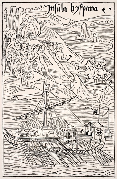 Santo Domingo felfedezése, Insula Hyspana, Kolumbusz Kristóf, Christoferi Colom levél fametszete fakszimile, a Tudomány és irodalom középkorban, Paul Lacroix pub. London 1878 alkotó: French School