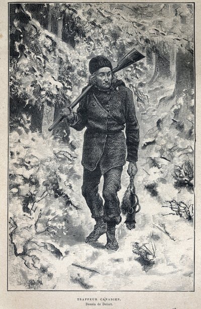 Disouverte du Canada: egy kanadai trapper portréja az erdőben. A 19. század végi metszete Eugene Guenin „La nouvelle France”-jában. alkotó: French School