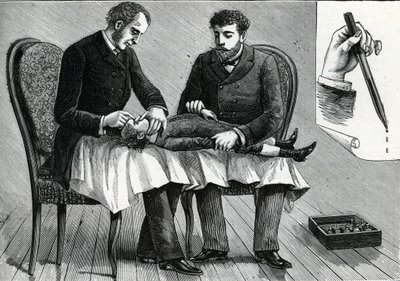 Orvosok, akik gyermekszemet vizsgálnak és szemcseppeket fecskendeznek be (metszet) 1888 alkotó: French School