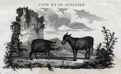 Szamár és vaddisznó. Esope meséje. (Görög író Esopo vagy Ecopus, Kr. e. 6. század) Írta Guillaume Montfort és Gravees Beauble 1801-ben. alkotó: French School