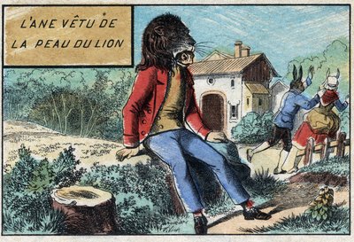 Az oroszlán bőrét viselő szamár. Jean de La Fontaine (1621-95) meséi. Epinal képalkotása a 19. század végéről. alkotó: French School