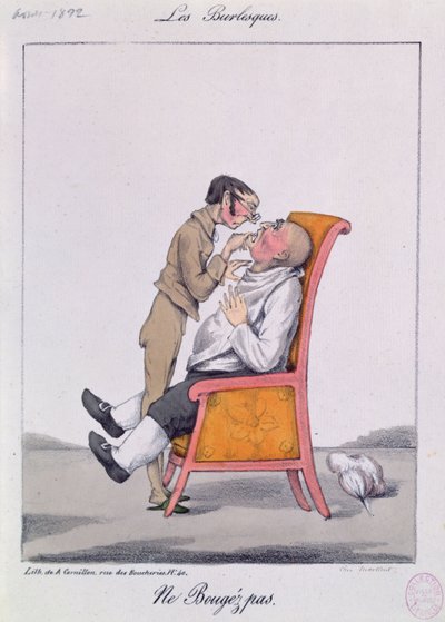 „Ne mozdulj!”, karikatúra egy férfiról a fogorvosnál (színes litó) alkotó: French School
