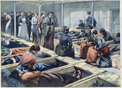 Egy éjszakai menedékhely hálóterme Londonban, Angliában, amelyet nők menedékének tartanak, a "Le Petit Parisien"-ben alkotó: French School