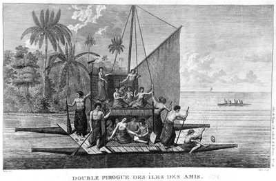 A Barátságos Szigetek Dupla Pirogue, illusztráció az Atlas du Voyage a la recherche de La Perouse-ból, 1792 alkotó: French School