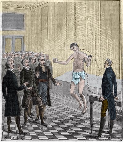 Dr. Andrew Ure, aki feszültségkísérleteket végez a kivégzett gyilkos, Clydesdale testén 1818-ban - Andrew Ure (1778-1857) tapasztalata egy holttesten - Metszet a „tudományok minden ajtajába – fizika és kémia” szövegbe. Alexis Clerc – 19. vége alkotó: French School