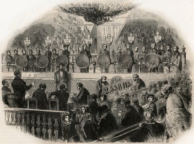 Az Aranytömb lottó sorsolása a Champs-Elysees (Champs Elysees) cirkusztermében a 19. század közepén – Edmond Texier metszete „Tableau-de-Paris”-ban 1852 alkotó: French School
