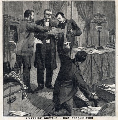 Dreyfus-ügy: Három egyszerű ruhás tiszt és egy rendőrbiztos házkutatást tart Georges Picquart (1854-1914) otthonában. A „” Le Peute Parisien”-ben 1897.05.12. Magángyűjtemény alkotó: French School