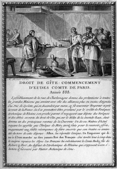 Droit de Gite, Eudes kezdete, Párizs grófja, 888. Guy (Gui) III király, Spolete hercege (meghalt 894-ben) a metzi Éva heberger volt a kunyhó joga alatt (feodális jog, amely az úrnak adja a jogot) hogy heberger legyen az emberei mellett, amikor beköltözik alkotó: French School