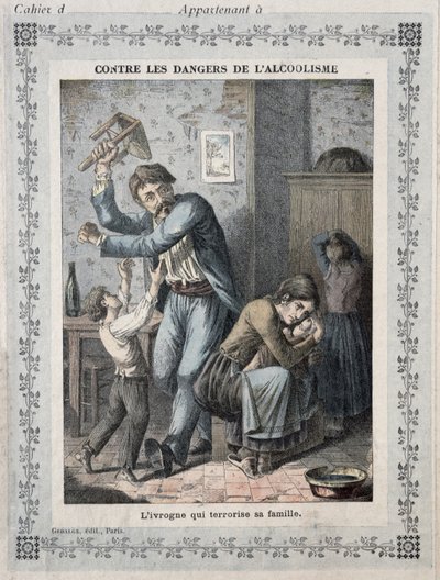 Részeg terrorizálja a családját, egy iskolai füzet borítója. 1900 körül alkotó: French School