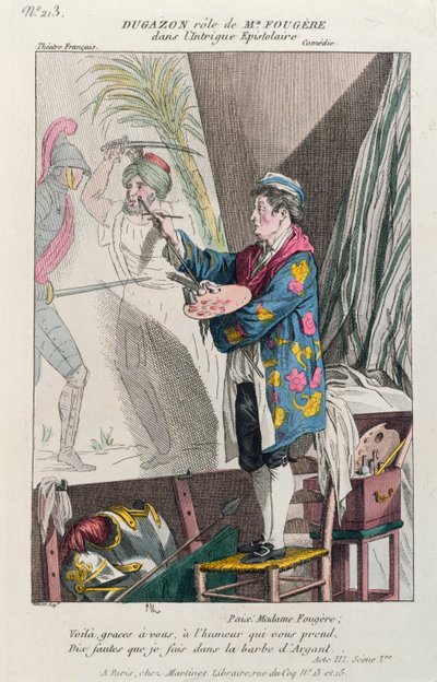 Dugazon a festő, Fougère szerepében a párizsi Théâtre Français-ban készült Intrigue Epistolaire-ben, 1799 (színes metszet) alkotó: French School