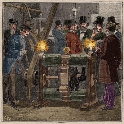 Gram típusú dinamó elektromos gép (Zenobe Theophile Gram), amely egyenáramot, elektromos tapasztalatot termel a Conservatoire des arts et metiers de Paris géptermében (1881 körül). Metszet 1885-ből a „Les arts et metiers illustres” című könyvében, készítet alkotó: French School