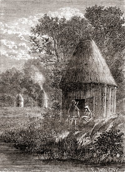 Korai gall házak, kerek kabin lyukkal a tetőn, hogy a tűz füstje eltávozzon, a „Les Merveilles de la Science”-ből, 1870 körül (metszet) alkotó: French School
