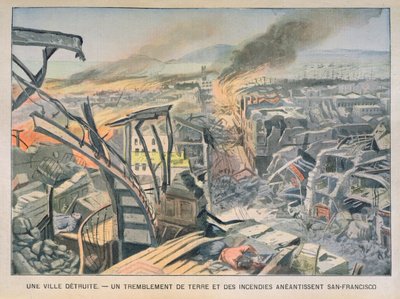 Földrengés és tűzvész San Franciscóban 1906. április 18-án, illusztráció a Le Petit Parisienből, 1906. május 6. alkotó: French School