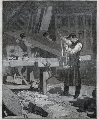 Ebenisterie: ebenista munkás, aki egy táblát hasít a létesítményben. Metszet 1885-ből Adolphe BITARD „” Les arts et metiers illustres” című könyvébe. alkotó: French School