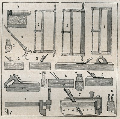 Ebenisterie: szokásos szerszámok, fűrészek és gyalulás. Metszet 1885-ből Adolphe BITARD „Les arts et metiers illustres” című könyvében. alkotó: French School