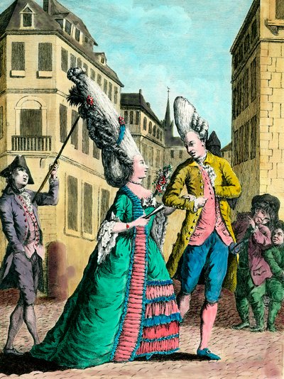 Különc frizurák a 18. században: a francia nő a sétán. 18. századi metszet. Magángyűjtemény. alkotó: French School