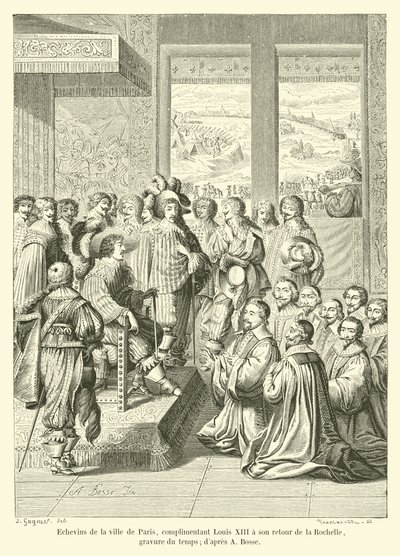 Párizs város polgármesterei, bók XIII. Lajosnak La Rochelle-ből való visszatérésekor, időmetszet; A Bosse után alkotó: French School