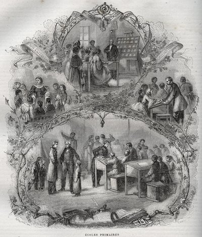Általános iskolák Franciaországban a 19. században - metszet - Maurice La Charest új nemzeti enciklopédiája - 1870 - alkotó: French School