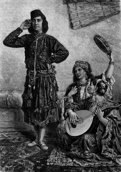 Egyiptomi zenészek és táncosok. Az ember cintányérokat tart az ujjai között. Metszet a „” Le Journal de la jeunesse”-be alkotó: French School