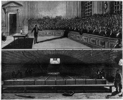 Humphry Davy (1778-1829) elektromos fénykísérletet végzett 1813-ban a Londoni Királyi Intézet kémiatanfolyamán (Anglia). Metszet a „” La Nature-be. Revue des sciences et de ses applications aux arts et à l