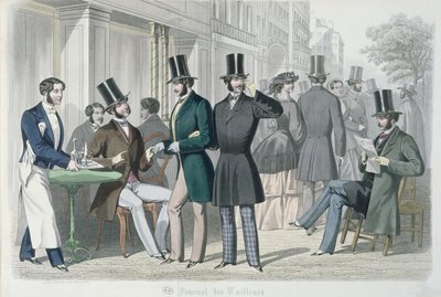 Elegáns fiatal férfiak egy kávézó teraszán, 1857 (színes metszet) alkotó: French School