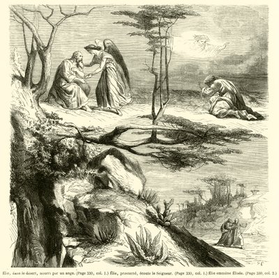 Illés, a sivatagban, angyal táplálta, Illés leborul, hallgat az Úrra, Illés vezeti Elizeust (metszet) alkotó: French School