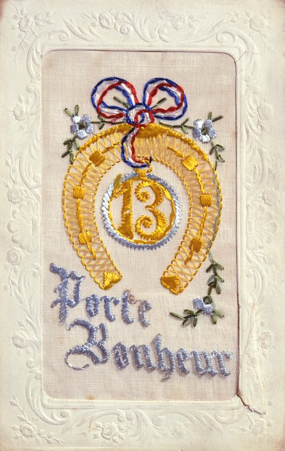 Hímzett képeslap Good Luck Charms, 1914 előtt (selyem és kártya) alkotó: French School