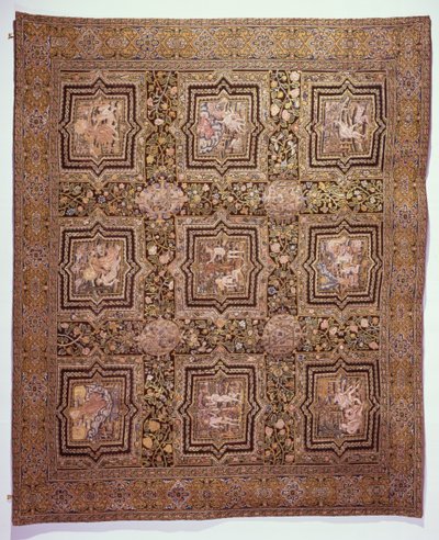 Hímzett asztalszőnyeg bibliai jelenetekkel, 1600 körül (gyapjú és selyem vászonvásznon) alkotó: French School