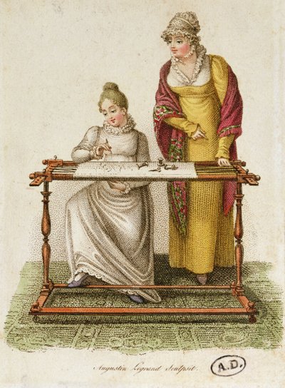 Hímzés, 1810-20 körül (színes metszet) alkotó: French School