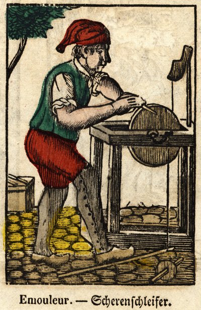 Emouleur (a tárgyak csiszolókoronggal történő élezéséből áll); Sorozat a kézművességről, a 19. századi Epinal képe. alkotó: French School