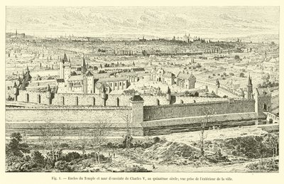 V. Károly templomának és a környező falnak a körülzárása a tizenötödik században; kilátás a városon kívülről alkotó: French School